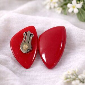 Vintage Red Bakelite Teardrop Clip On Earrings Retro 1940s Style Statement Jewel